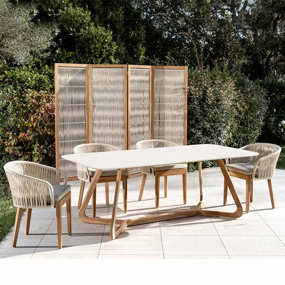 Outdoor Table with Wooden Base and Terrazzo White Ceramic Top - Infinity Viadurini