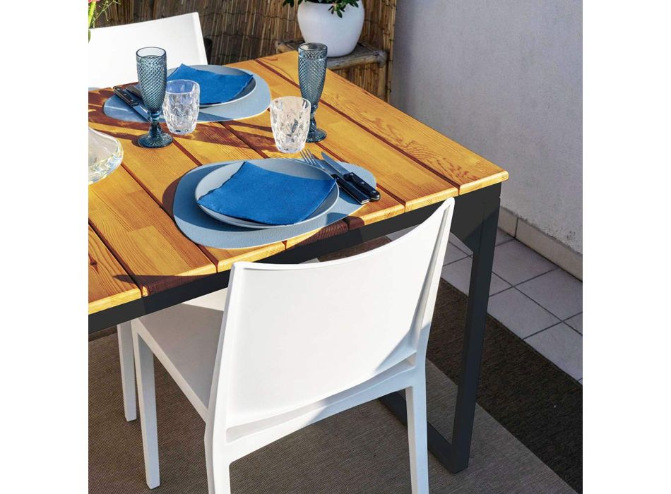 Outdoor Table in Solid Pine Wood with Metal Base - Medino Viadurini