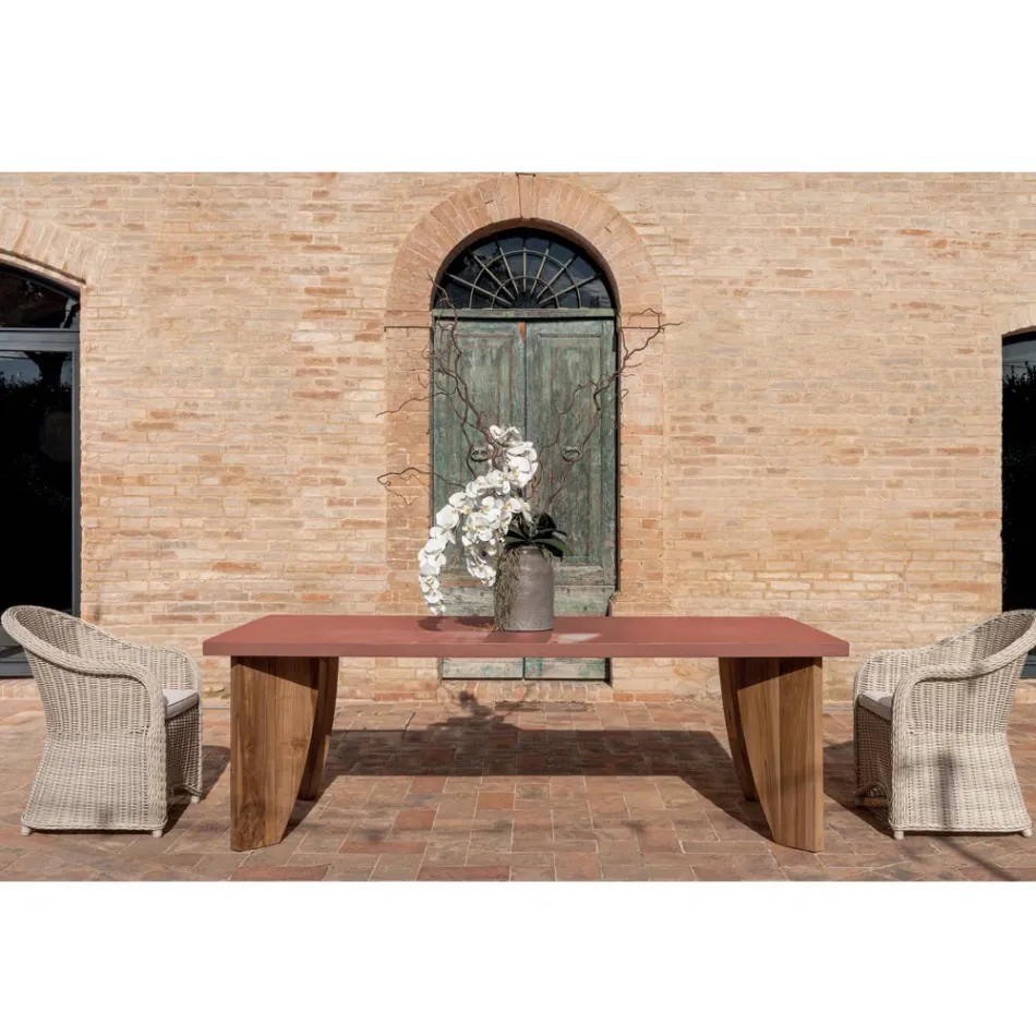 Outdoor Table in Okumè Microcement and Teak Finish Made in Italy - Pencil Viadurini