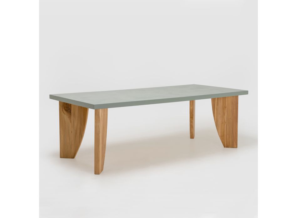 Outdoor Table in Okumè Microcement and Teak Finish Made in Italy - Pencil Viadurini