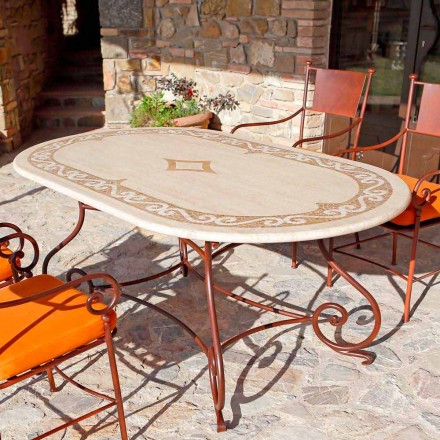Travertine Outdoor Table with Mosaic Inserts Made in Italy - Elegant Viadurini