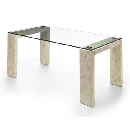 Modern Style Interior Table in Glass and Fossil Stone - Mistra Viadurini