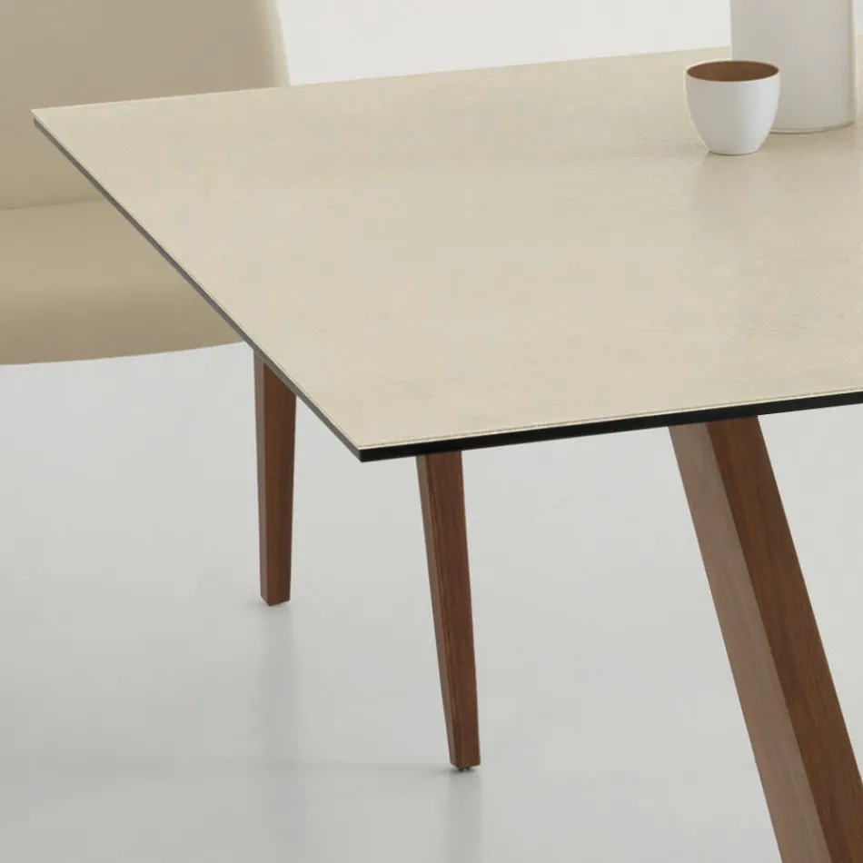 Extendable Dining Table to 3 m in Ceramic and Wooden Legs - Cesteo Viadurini