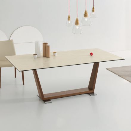 Extendable Dining Table to 3 m in Ceramic and Wooden Legs - Cesteo Viadurini