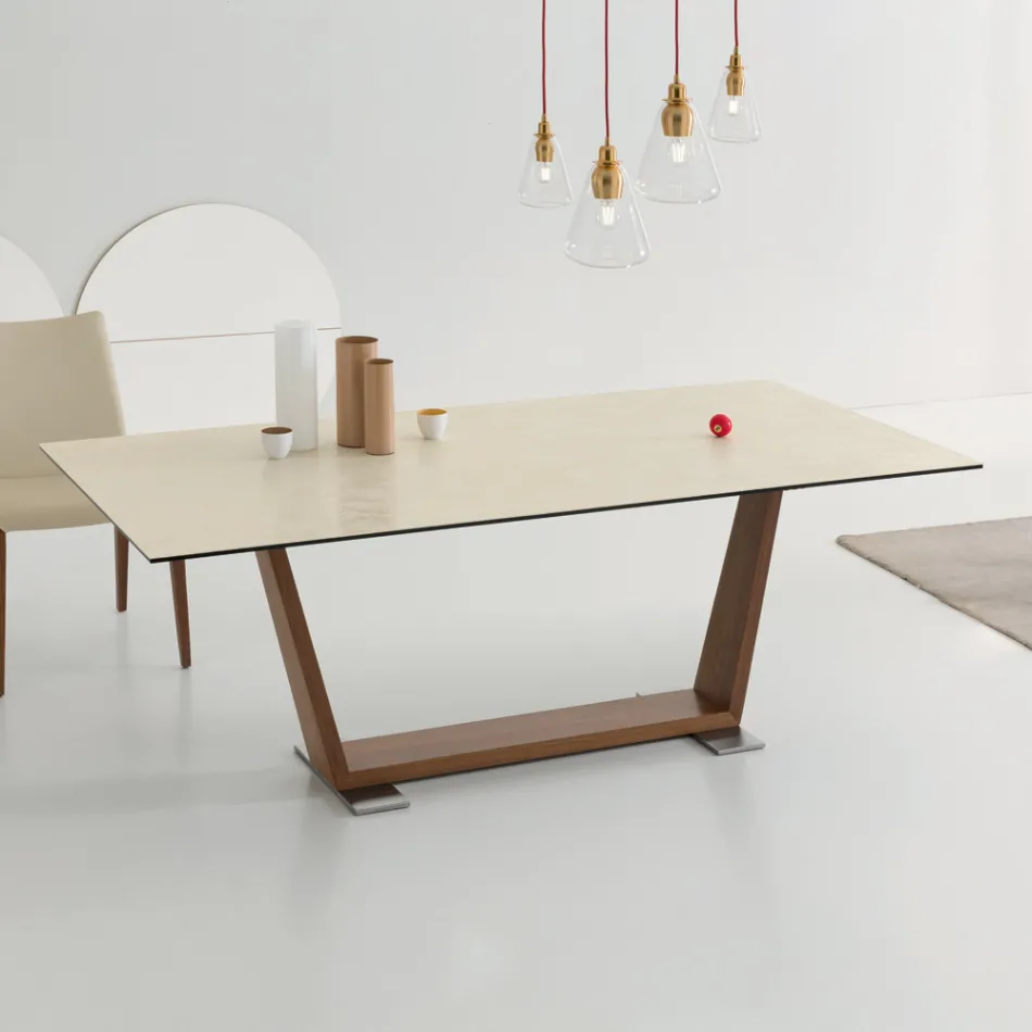 Extendable Dining Table to 3 m in Ceramic and Wooden Legs - Cesteo Viadurini