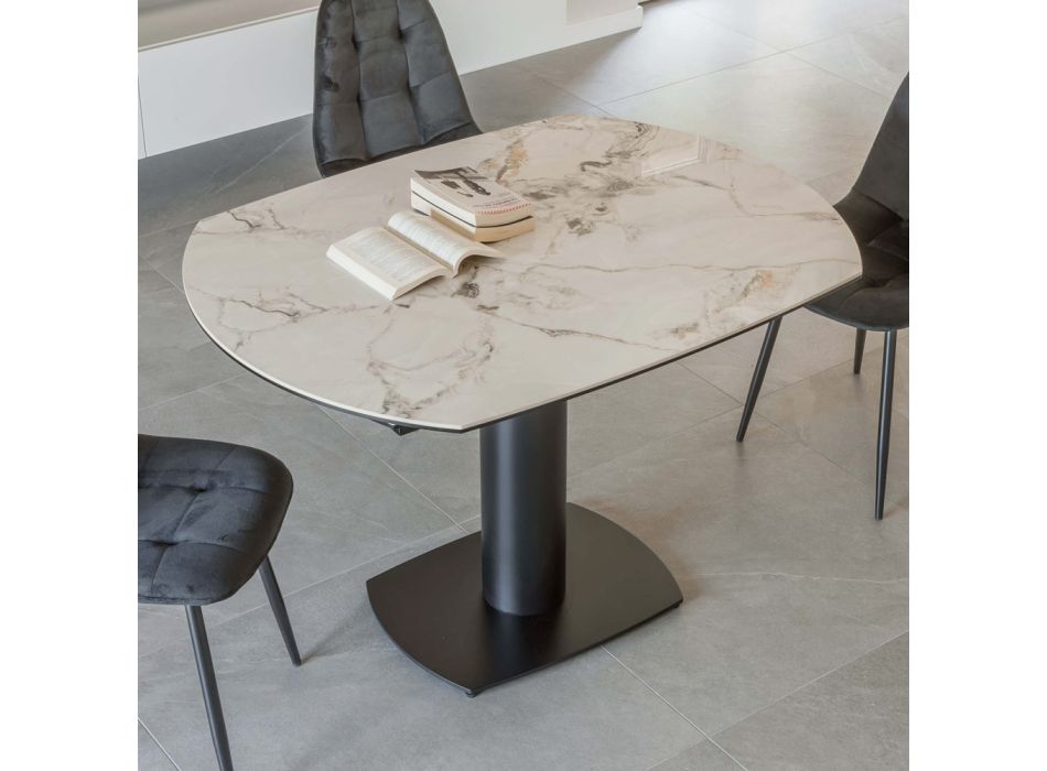 Extendable Dining Table in Ceramic and Metal Base - Indira Viadurini