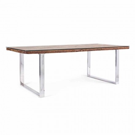 Homemotion Dining Table with Wood and Tempered Glass Top - Blanco Viadurini