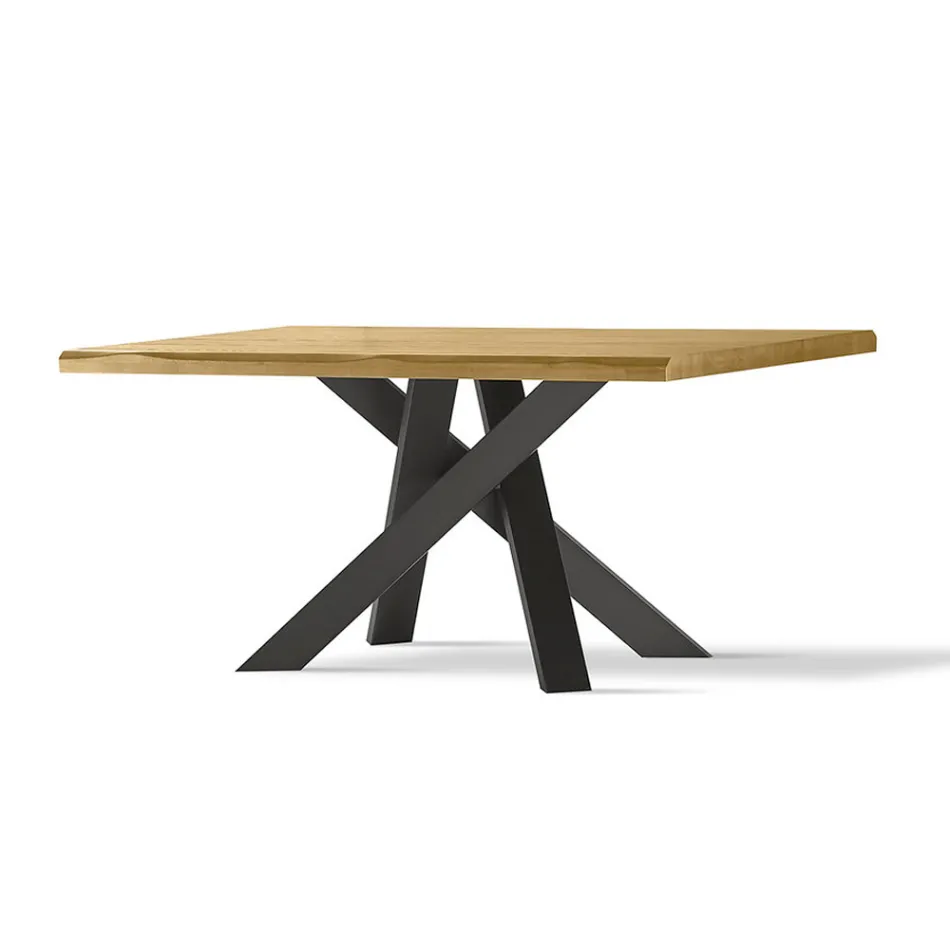Dining Table with Real Solid Wood Top and Metal Base - Ibisco Viadurini