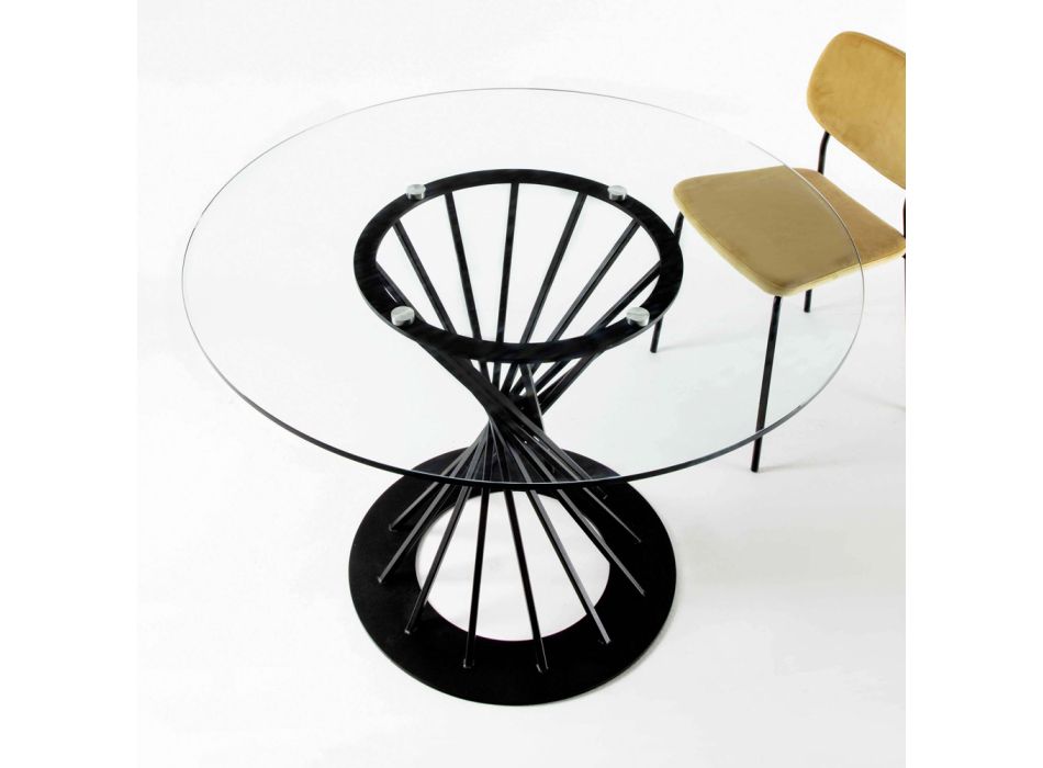 Dining Table with Round Tempered Glass Top and Steel Base - Mileto Viadurini