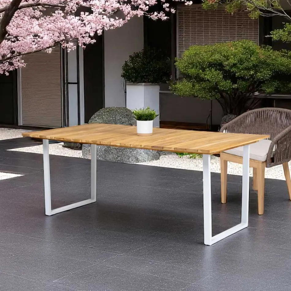 Outdoor Dining Table with Brushed Natural Teak Top - Mistral Viadurini