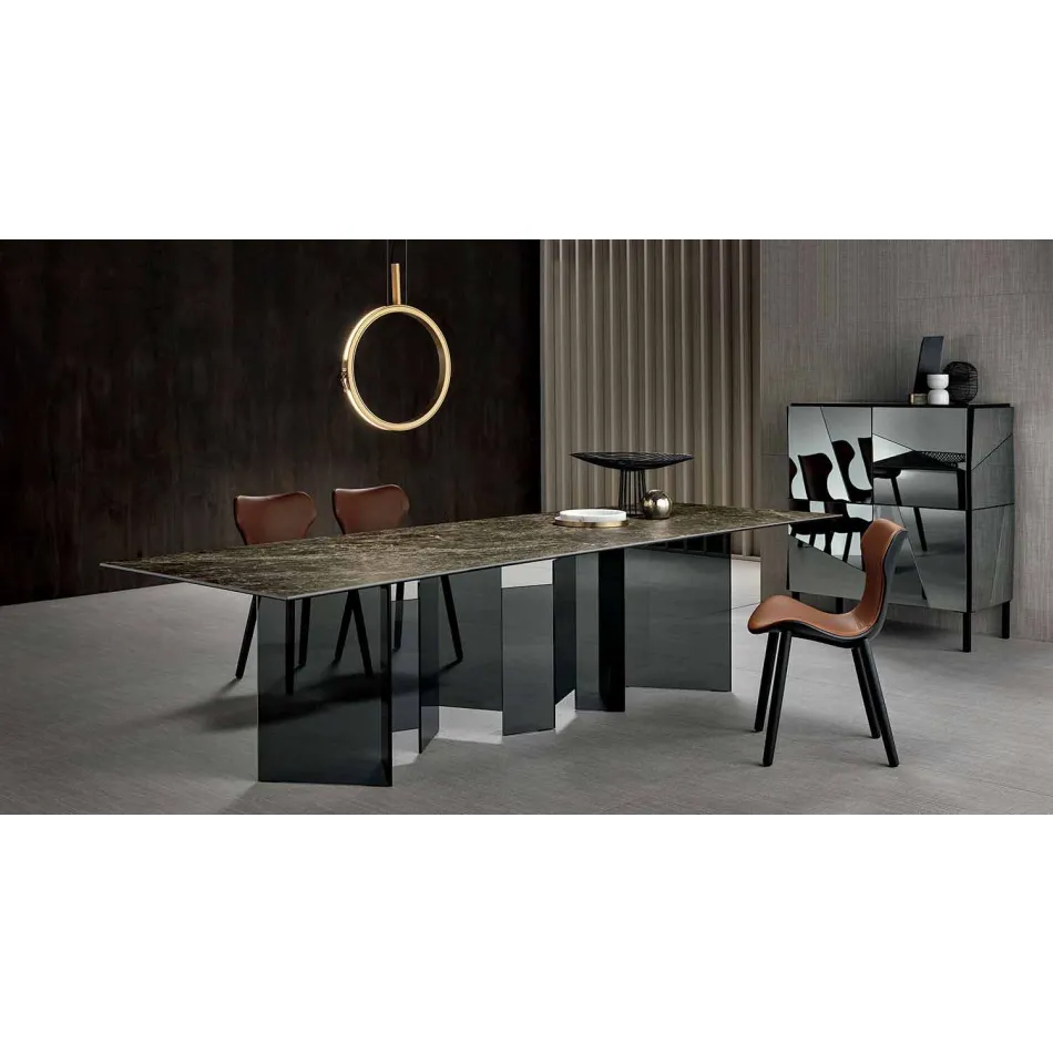 Design Dining Table in Ceramic and Smoked Glass Base Made in Italy - Random Viadurini