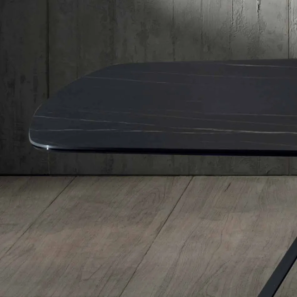 Design Dining Table in Portoro Effect Ceramic and Matt Metal - Falcon Viadurini