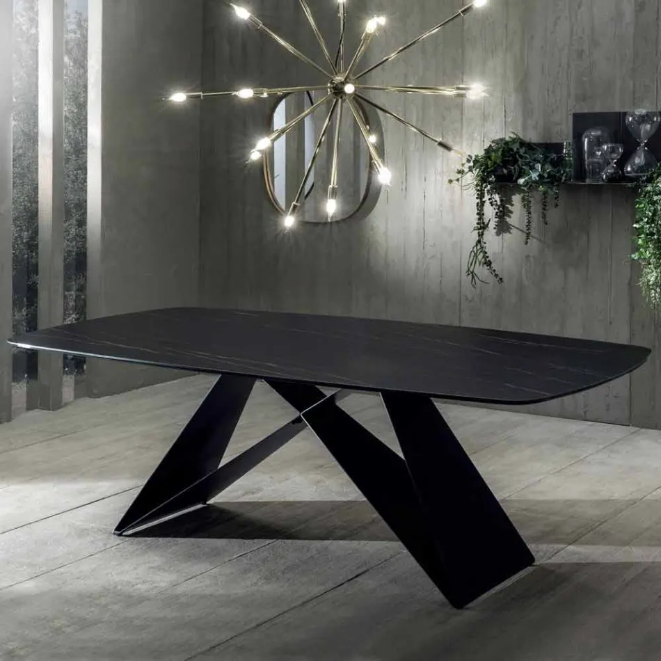 Design Dining Table in Portoro Effect Ceramic and Matt Metal - Falcon Viadurini