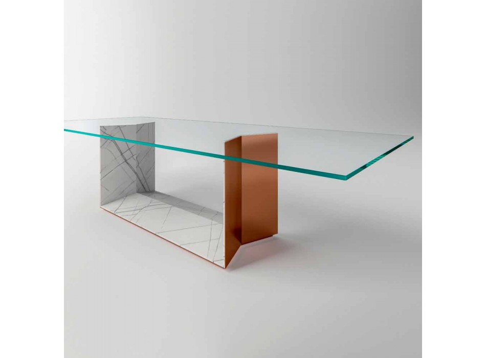 Design Dining Table in Glass with Metal Base Made in Italy - Minera Viadurini