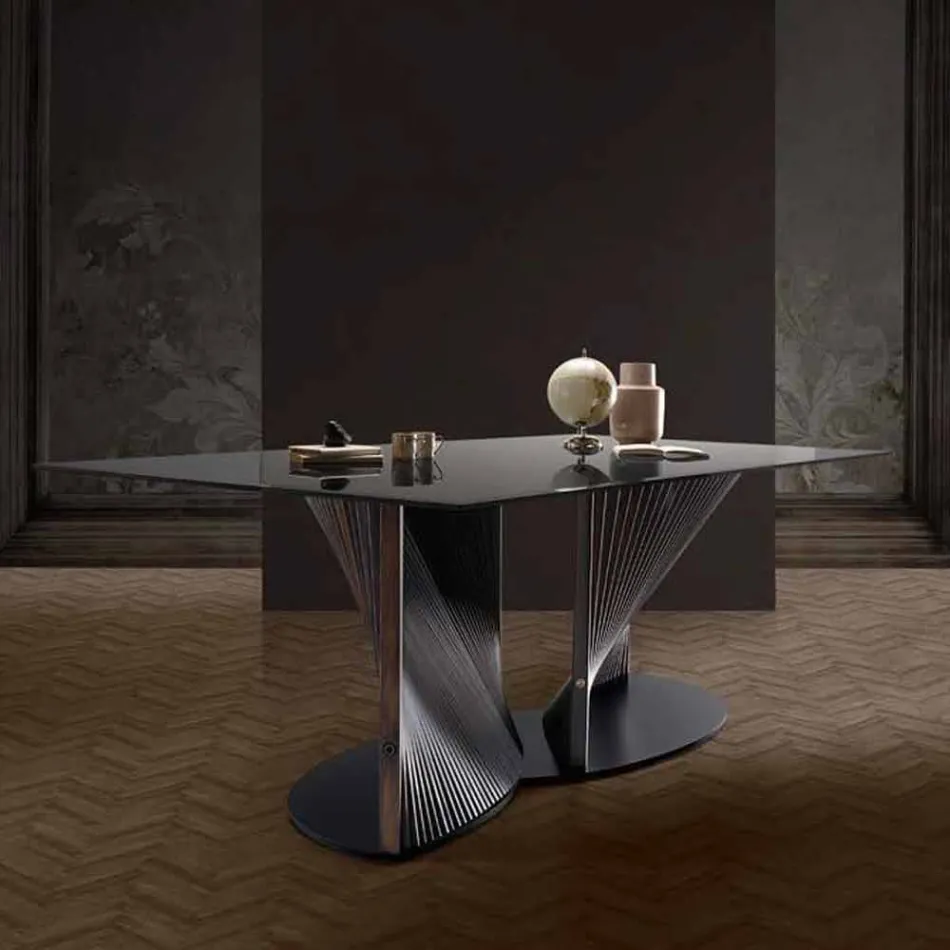 Design Dining Table in Smoked Glass and Oiled Ash Made in Italy - Croma Viadurini