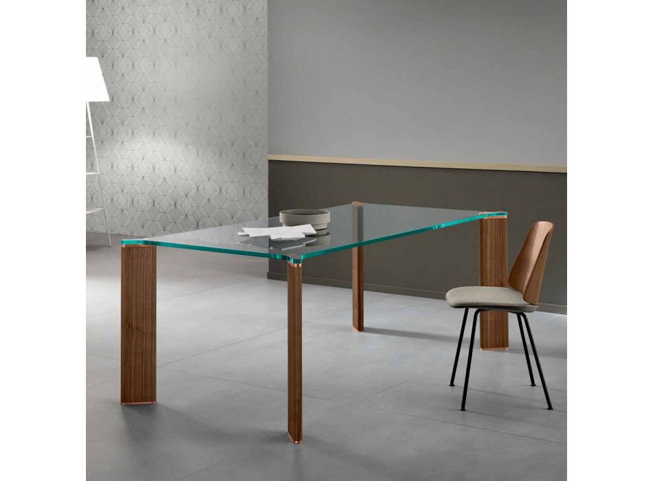 Luxury Dining Table Glass Top and Wooden Legs 4 Sizes - Kuduro Viadurini