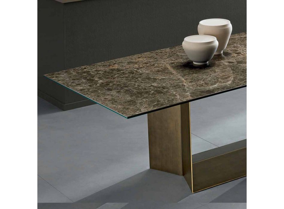 Emperador Ceramic and Bronze Metal Dining Table Made in Italy - Dark Brown Viadurini