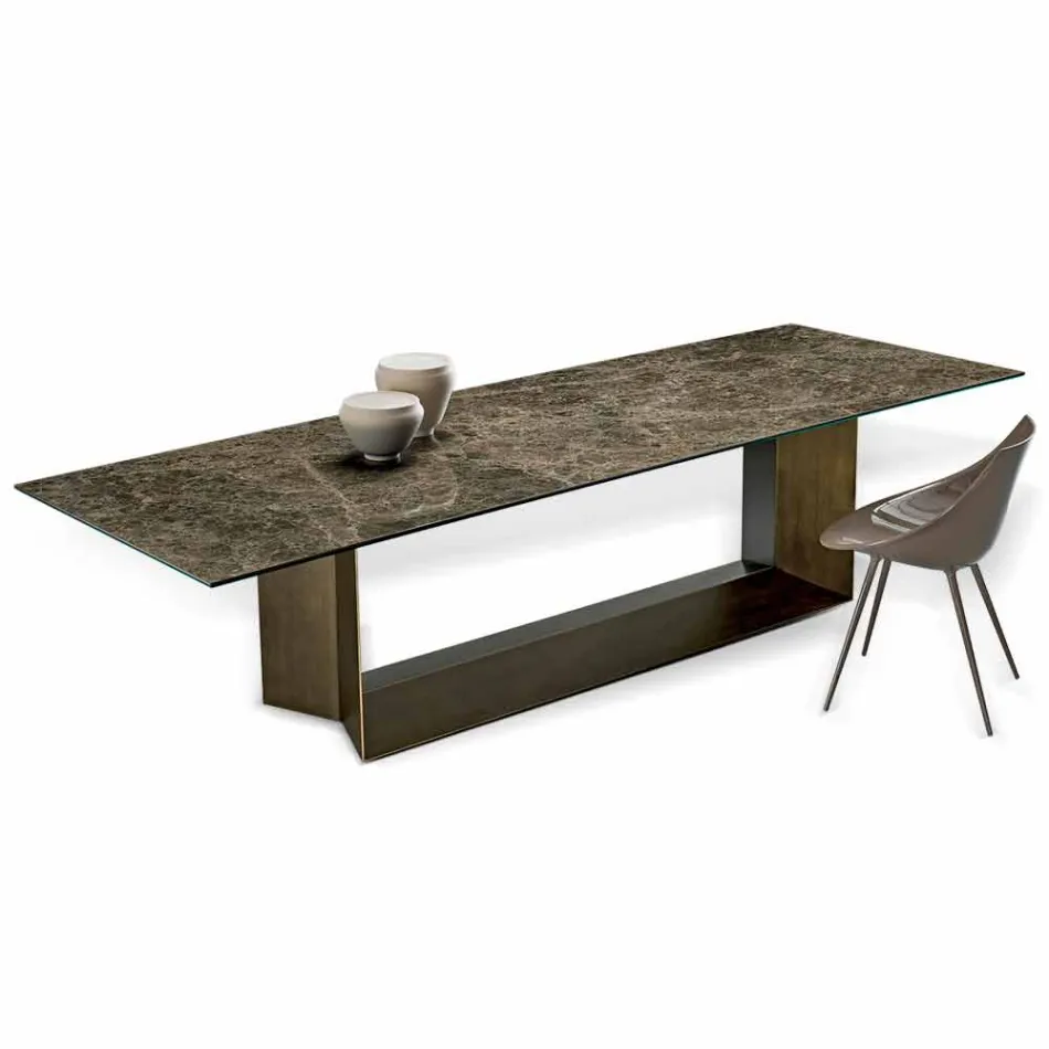 Emperador Ceramic and Bronze Metal Dining Table Made in Italy - Dark Brown Viadurini