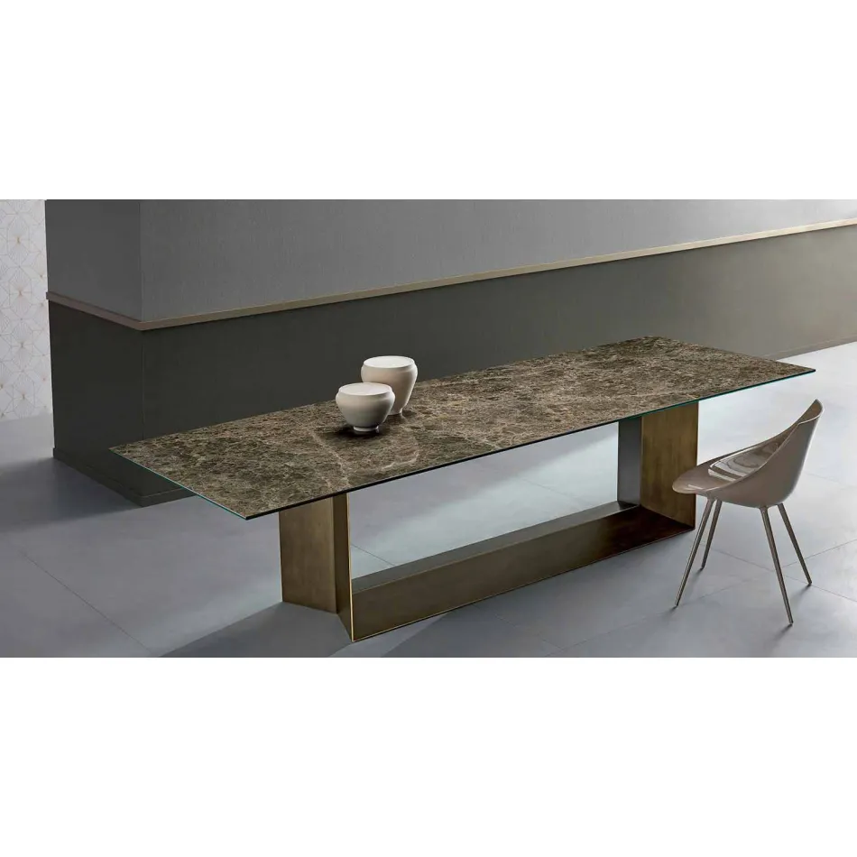 Emperador Ceramic and Bronze Metal Dining Table Made in Italy - Dark Brown Viadurini
