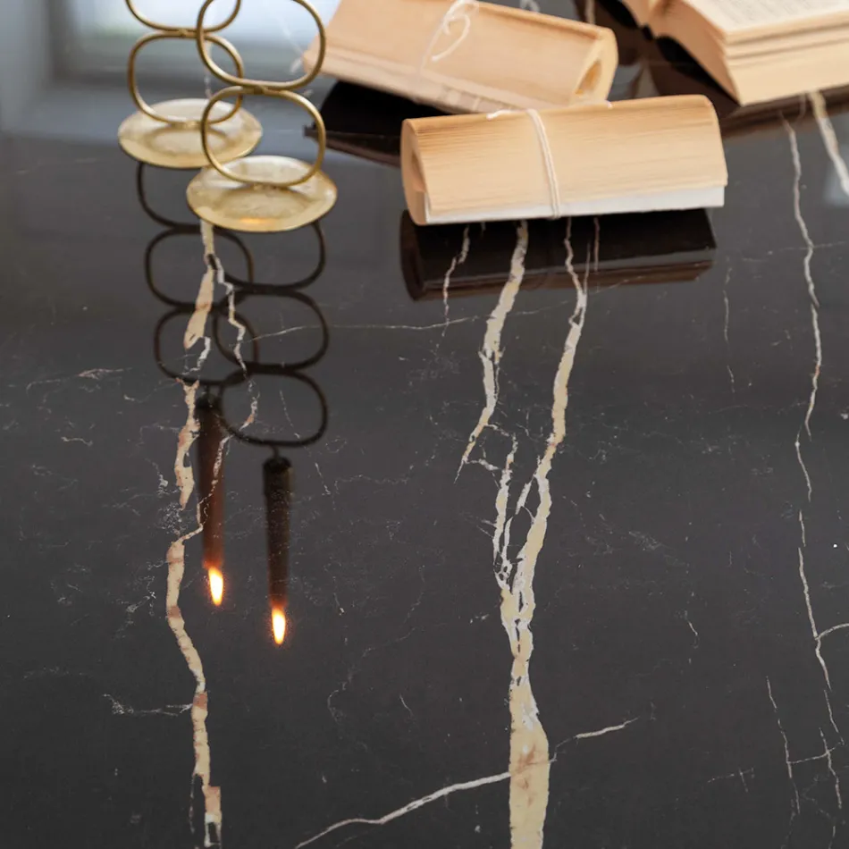 Dining Table in Florim Thunder Night Polished Ceramic and Steel - Medunotav Viadurini