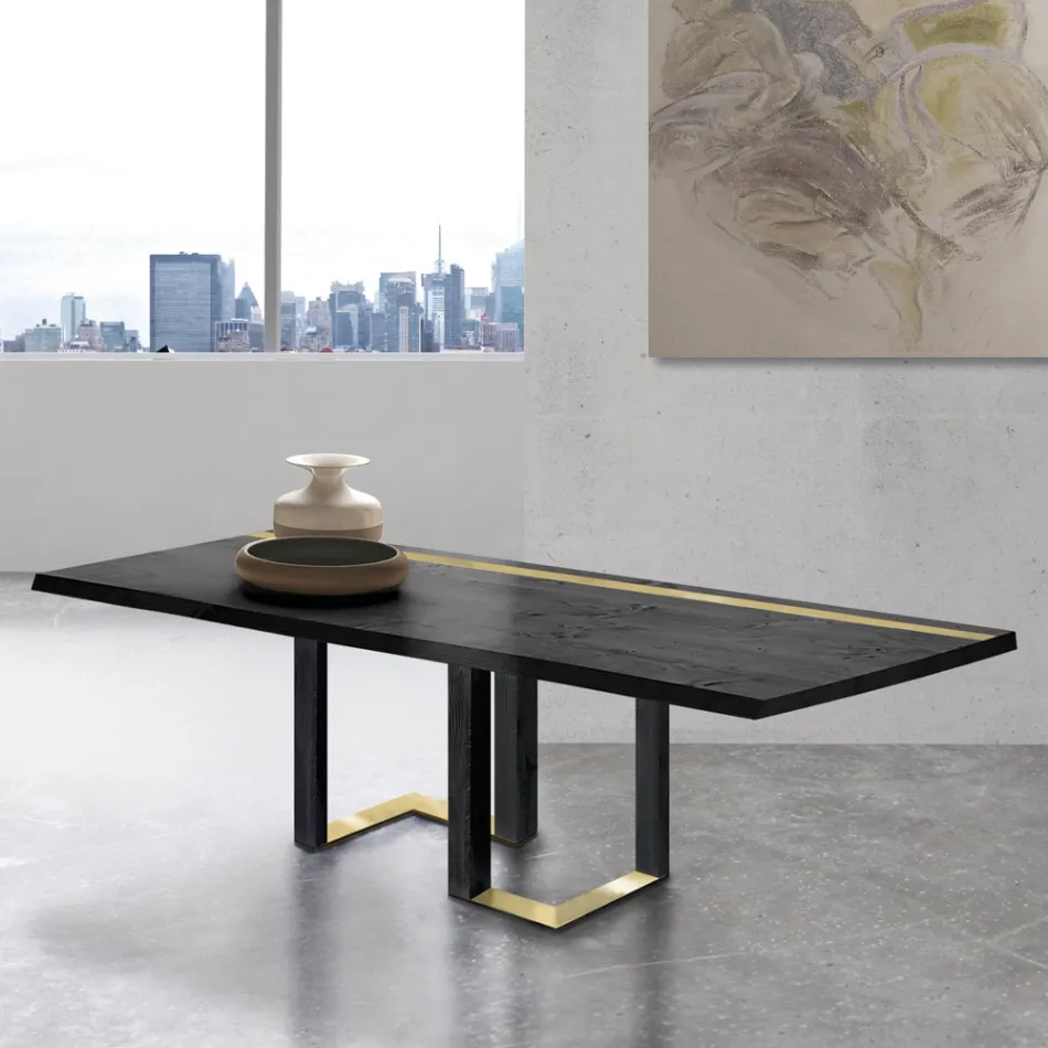 Dining Table in Knotted Oak and Metal Elements Made in Italy - Giusy Viadurini