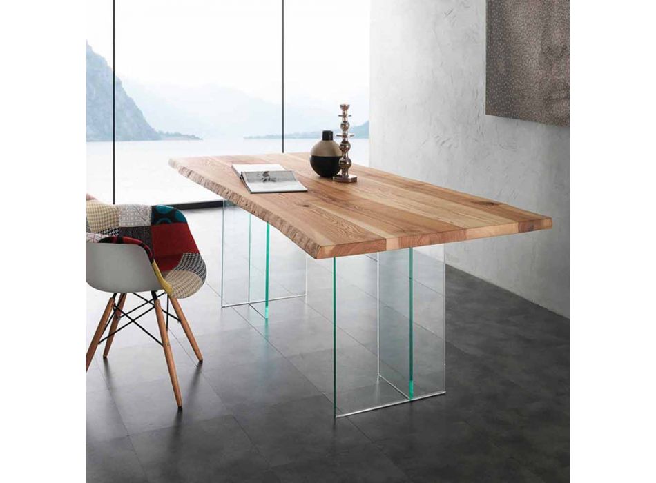 Dining table in solid wood and Marlon glass Viadurini