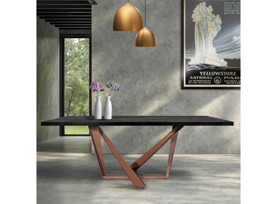 Dining Table in Oak Wood and Nuvolato Copper Color Metal Made in Italy - Patty Viadurini