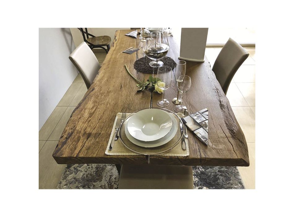 Dining Table in Secular Oak and Metal Made in Italy - Dite, Unique Piece Viadurini