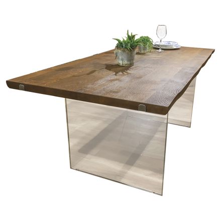 Dining Table in Solid Oak and Crystal Base Made in Italy - Iker Viadurini