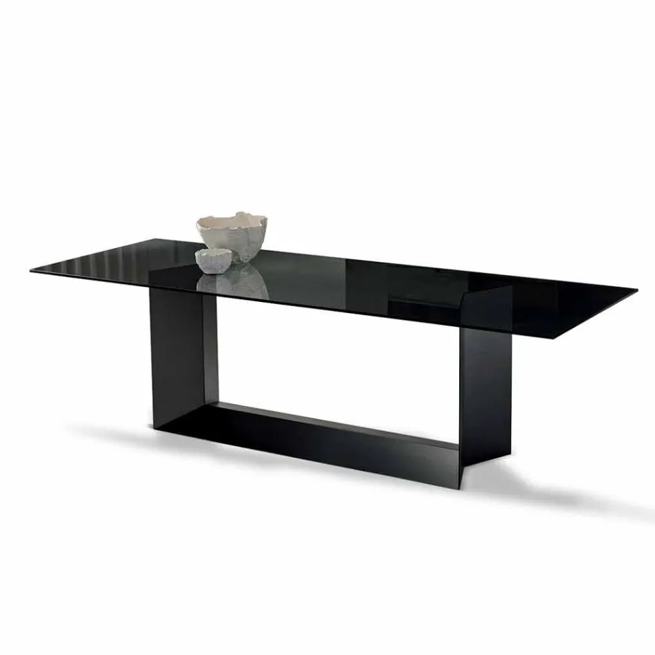 Dining Table in Smoked or Extra-clear Glass and Metal Made in Italy - Moro Viadurini
