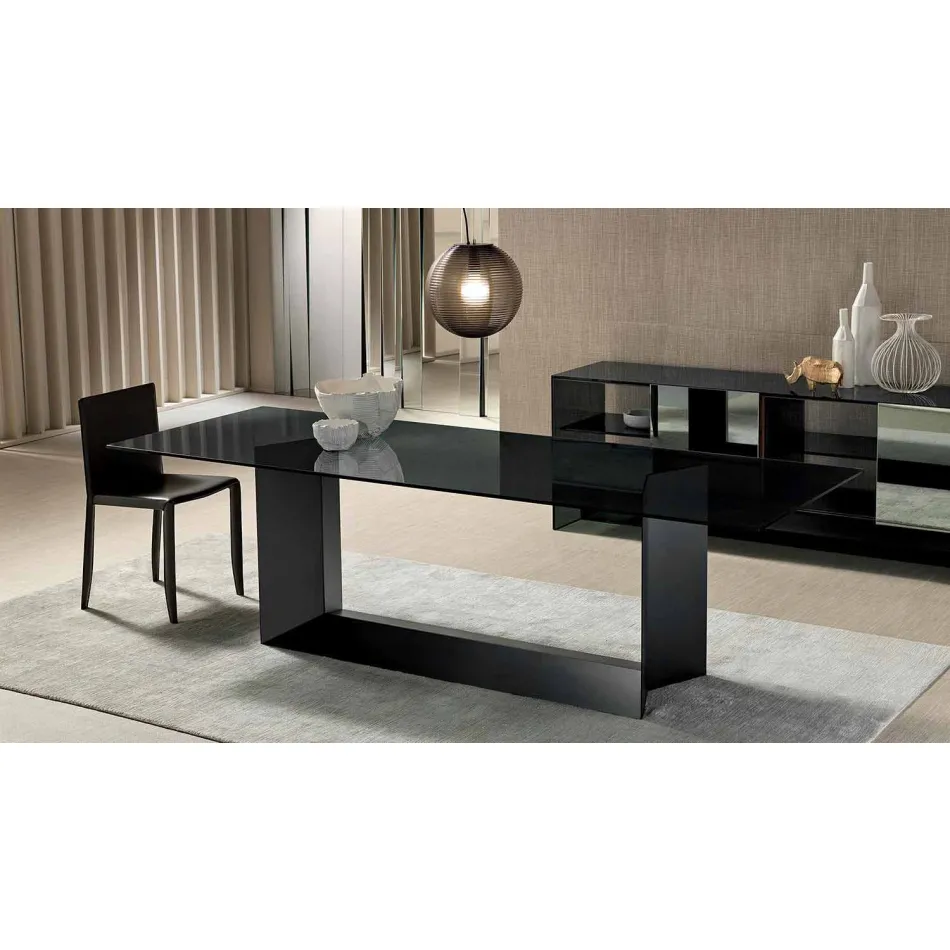 Dining Table in Smoked or Extra-clear Glass and Metal Made in Italy - Moro Viadurini