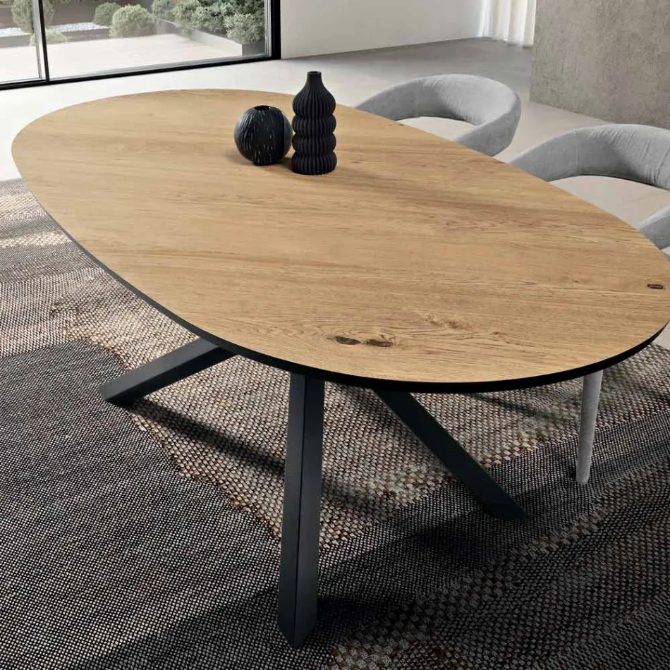 Oval Dining Table in Oak Veneer and Black Metal Base - Domo Viadurini