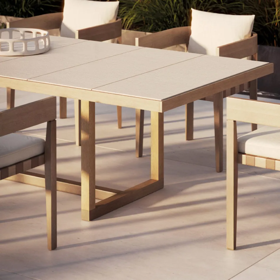 Garden Dining Table in Iroko Wood and Stoneware Made in Italy - Bresson Viadurini