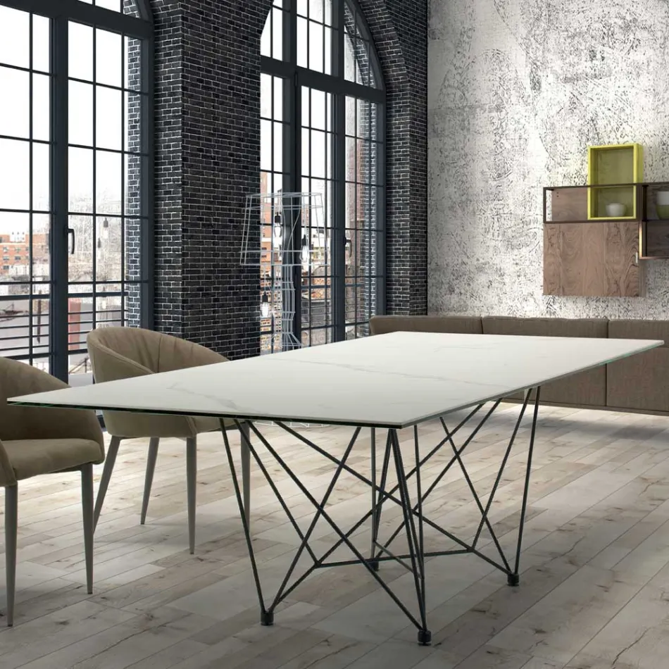 Dining Table Top in Laminam and Base in Steel Made in Italy - Ezzellino Viadurini