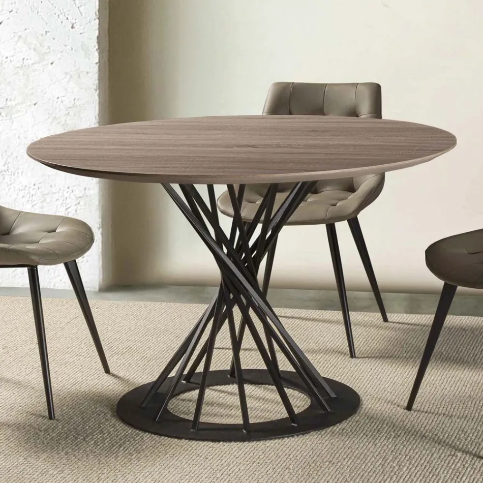 Round Dining Table with Laminated Wood Top and Steel Base - Mileto Viadurini