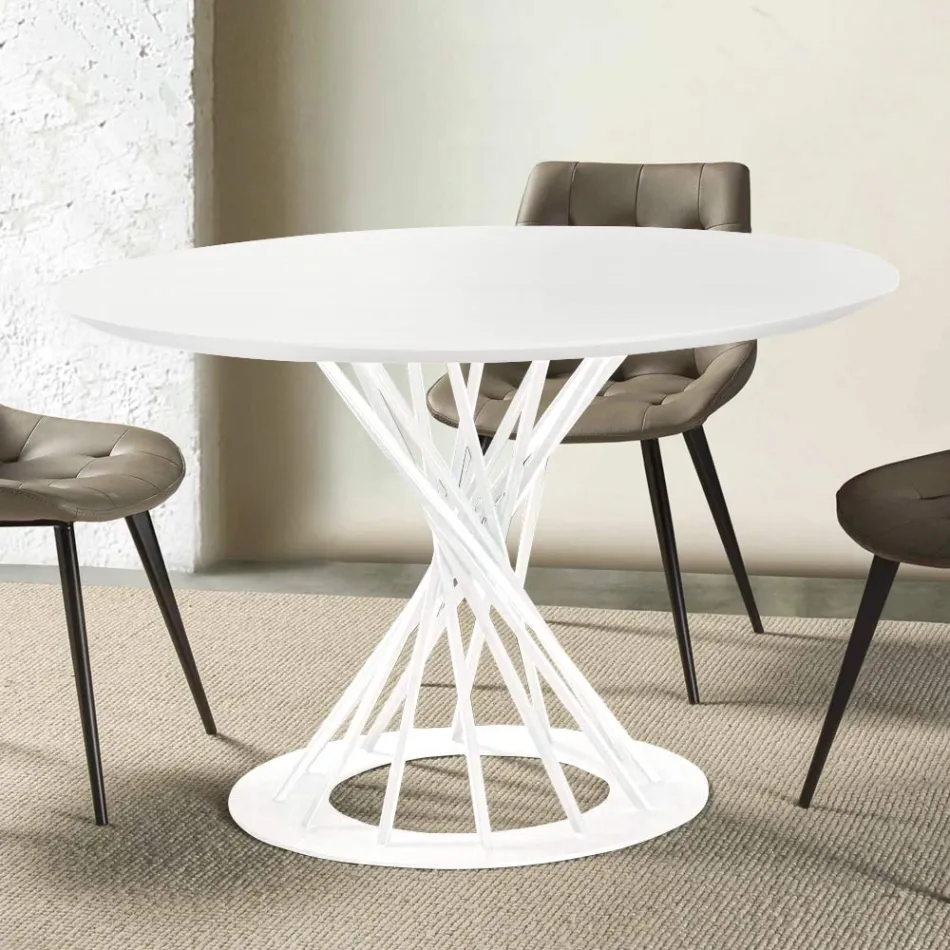 Round Dining Table with Laminated Wood Top and Steel Base - Mileto Viadurini