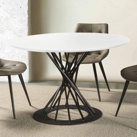 Round Dining Table with Laminated Wood Top and Steel Base - Mileto Viadurini