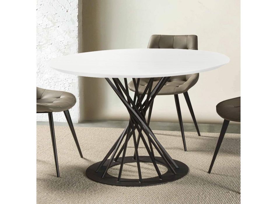 Round Dining Table with Laminated Wood Top and Steel Base - Mileto Viadurini