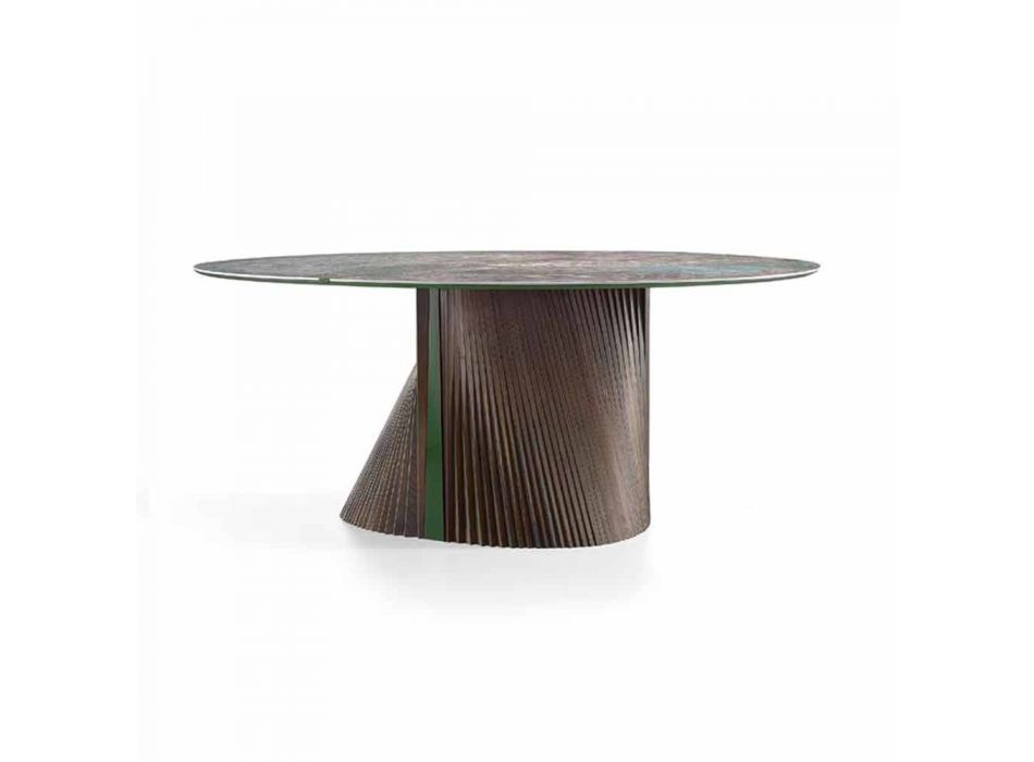 Round Design Dining Table in Polished Stoneware and Wood Made in Italy - Madame Viadurini