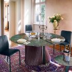 Round Design Dining Table in Polished Stoneware and Wood Made in Italy - Madame Viadurini