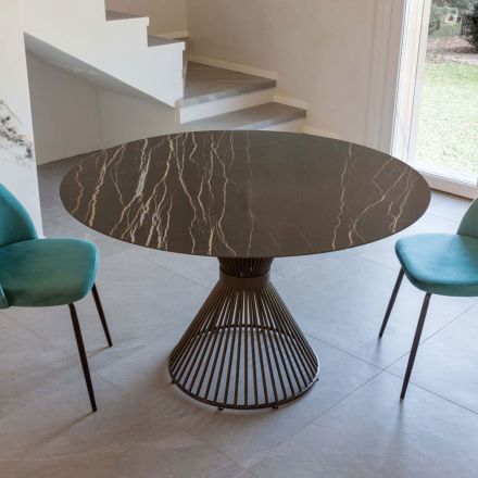 Round Dining Table in Florim Polished Ceramic and Steel Base - Denali Viadurini