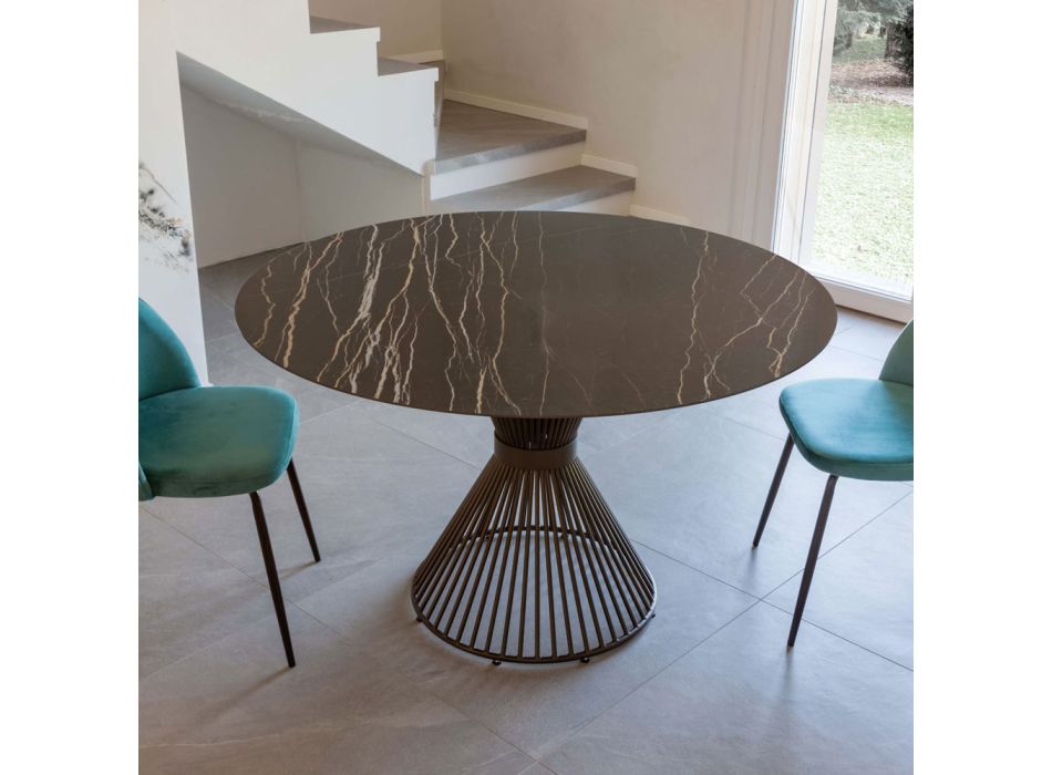 Round Dining Table in Florim Polished Ceramic and Steel Base - Denali Viadurini