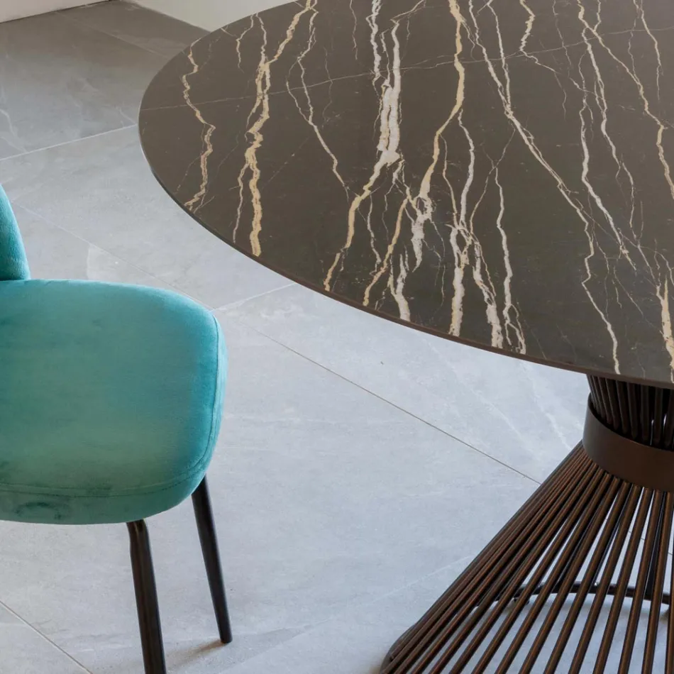 Round Dining Table in Florim Polished Ceramic and Steel Base - Denali Viadurini