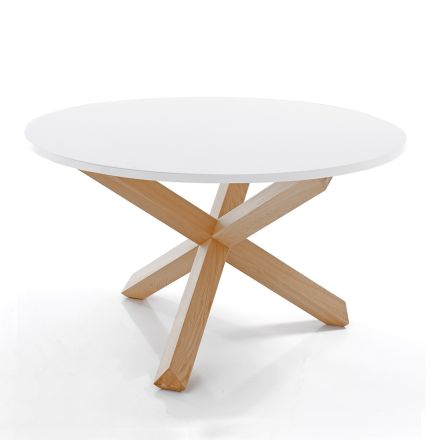 Round Dining Table in Matt White Mdf and Solid Wood - Dante Viadurini