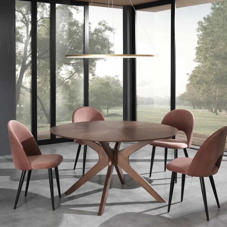 Round Dining Table in Veneered Mdf and Solid Wood - Fulmine Viadurini