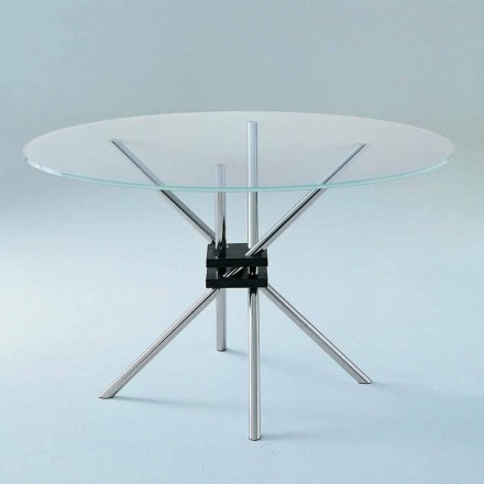 Round Dining Table in Tempered Glass and Steel Made in Italy - Trebbiano Viadurini
