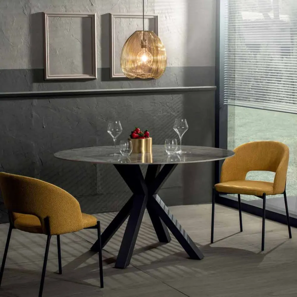 Modern Round Dining Table in Ceramic Marble and Metal Effect - Jarvis Viadurini