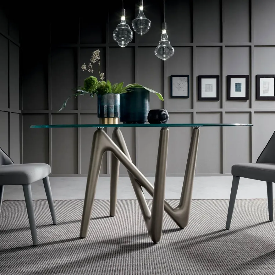 Round Dining Table in Transparent Glass and Polyurethane Legs - Stalto Viadurini