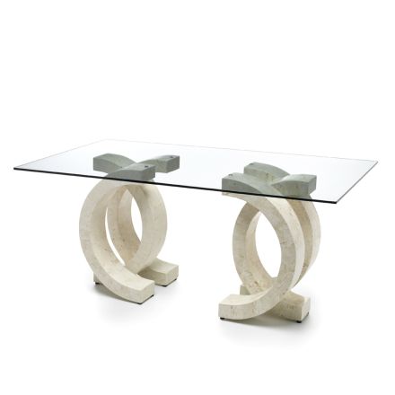 Living Room Table in Glass and Base in Fossil Stone - Intreccio Viadurini