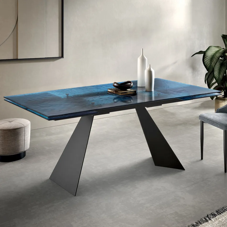 160x90 Living Room Table with Transparent Hammered Glass Top - Martello Viadurini